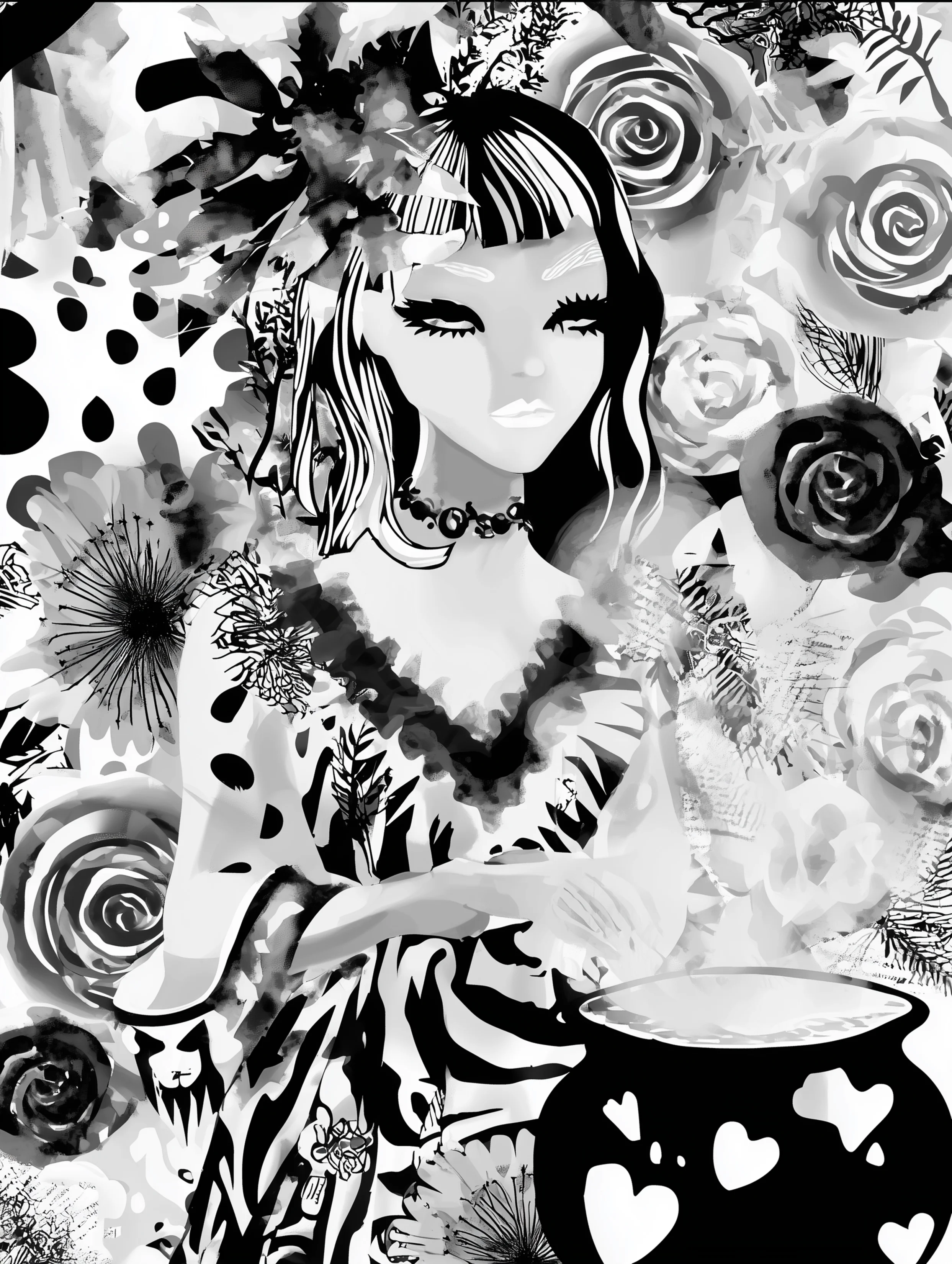 Free printable witch coloring page for adults featuring a witch cooking in a cauldron